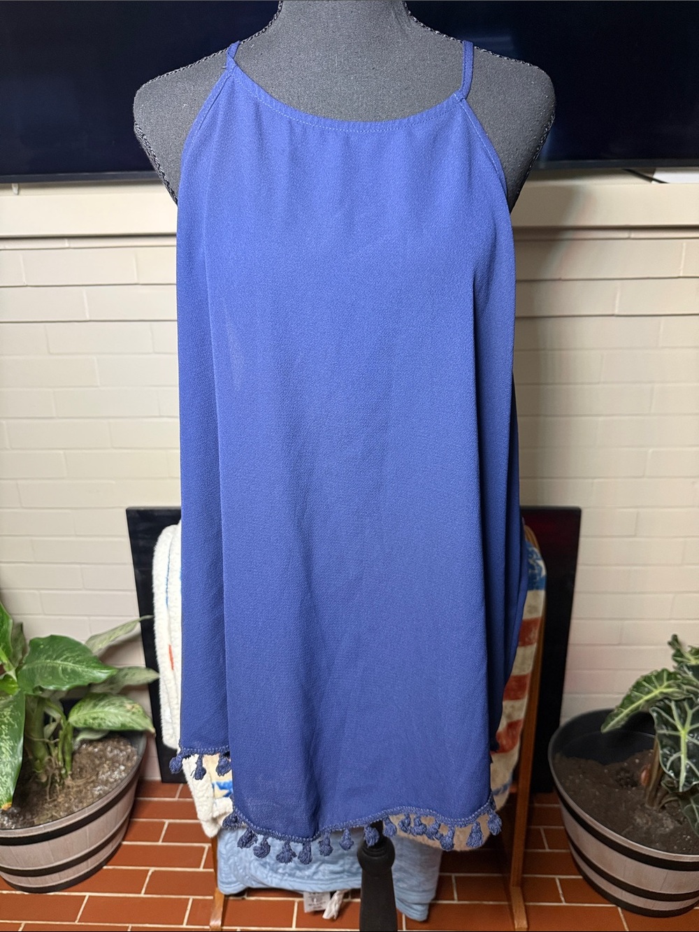 SHEIN Blue Spaghetti-Strap Mini Dress with Tassel Hem